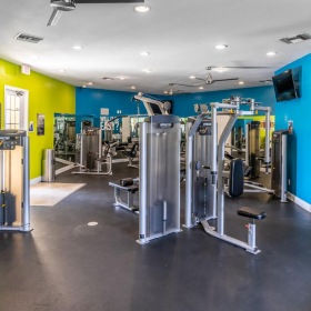 a large room with blue walls